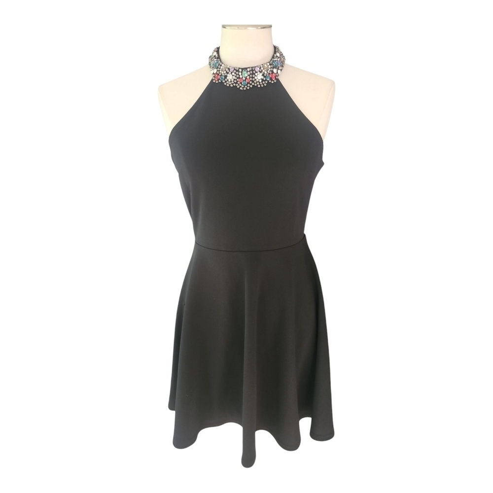 Lulus Black Halter Dress Embellished Neckline Fit Flare Sz S - Picture 2 of 12